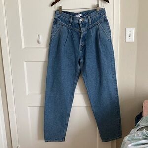 Re/Done x Savi Pleated Waist Tapered Wide Leg Denim Jeans Dusty Worn